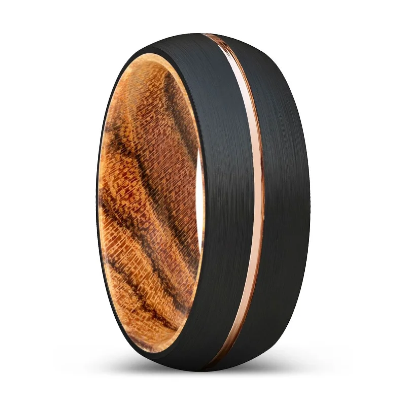 bridal rings for women-MAMBO | Bocote Wood, Black Tungsten Ring, Rose Gold Groove, Domed