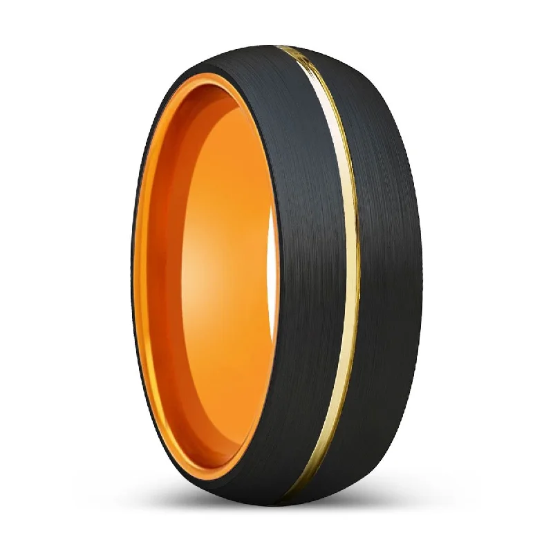 signet rings for women-KORNEL | Orange Ring, Black Tungsten Ring, Gold Groove, Domed