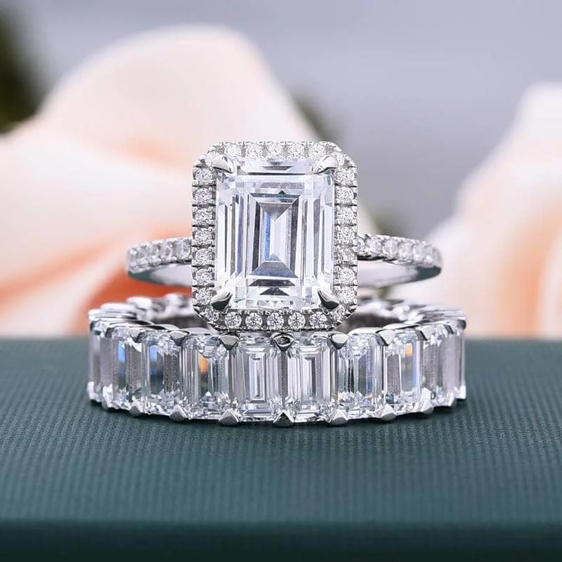 affordable engagement rings for women-Halo Emerald Cut Ring & Diamond Wedding Band Set