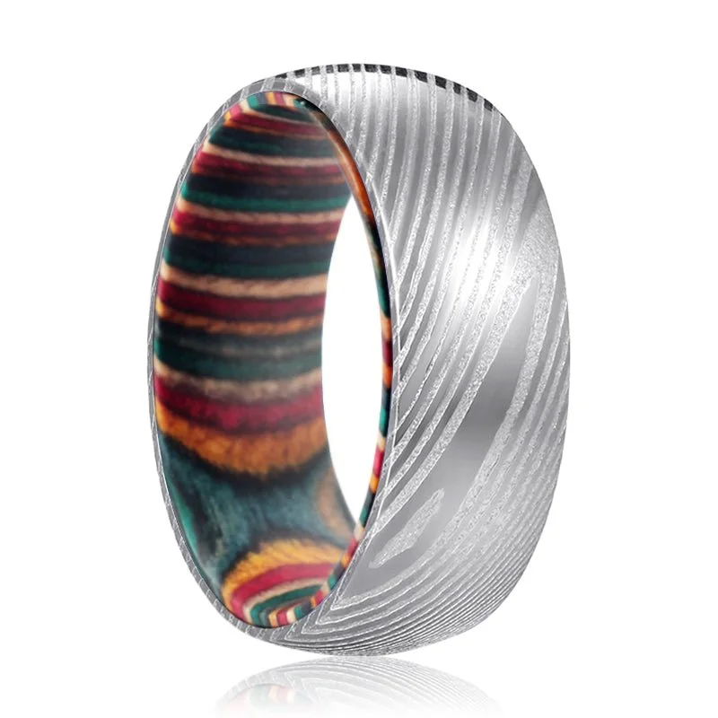 luxury diamond rings for women-CURVE | Multi Color Wood, Silver Damascus Steel, Domed