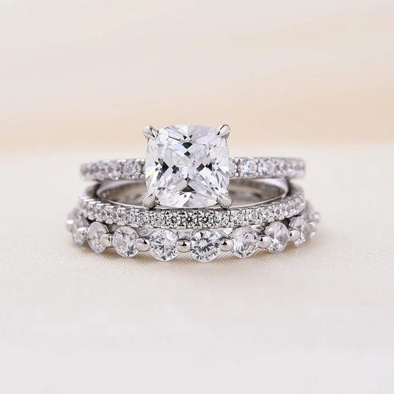 engagement rings for women-Diamond Cushion Cut 3-Pcs Wedding Ring