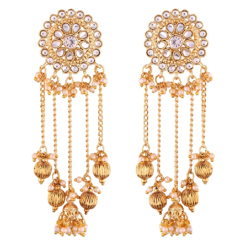 diamond stud earrings for women-Etnico Gold Plated Bahubali Kundan & Pearl Chain Jhumki Earring for Women (E2617W)