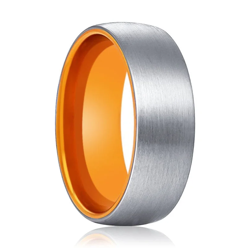 cocktail rings for women-PORSCHE | Orange Ring, Silver Tungsten Ring, Brushed, Domed