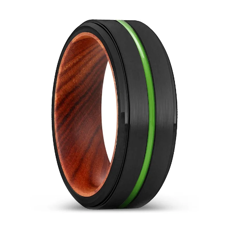 infinity rings for women-DENTON | IRON Wood, Black Tungsten Ring, Green Groove, Stepped Edge