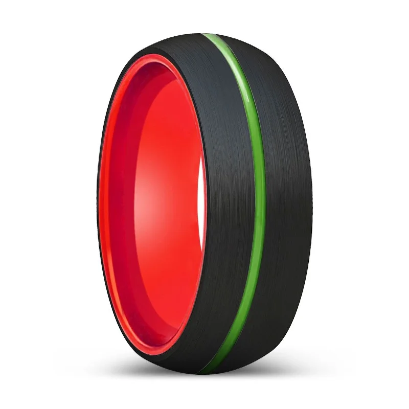 custom-designed rings for women-COLT | Red Ring, Black Tungsten Ring, Green Groove, Domed