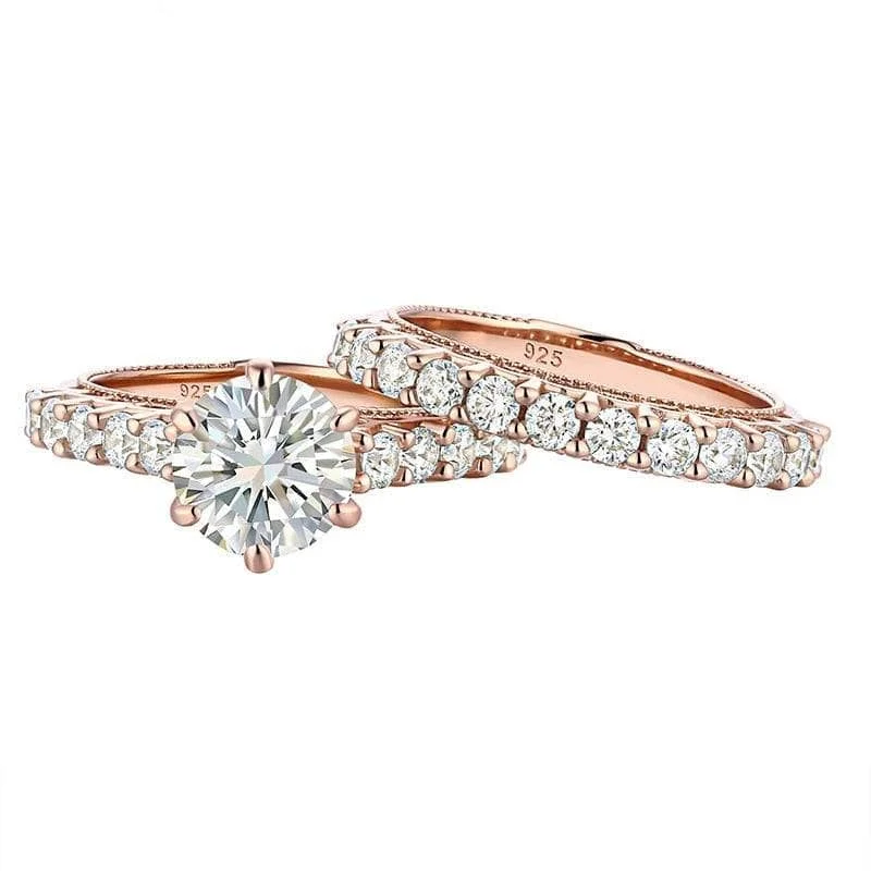 cushion cut engagement rings-Round Cut Created Diamond Rose Gold Engagement Ring Set